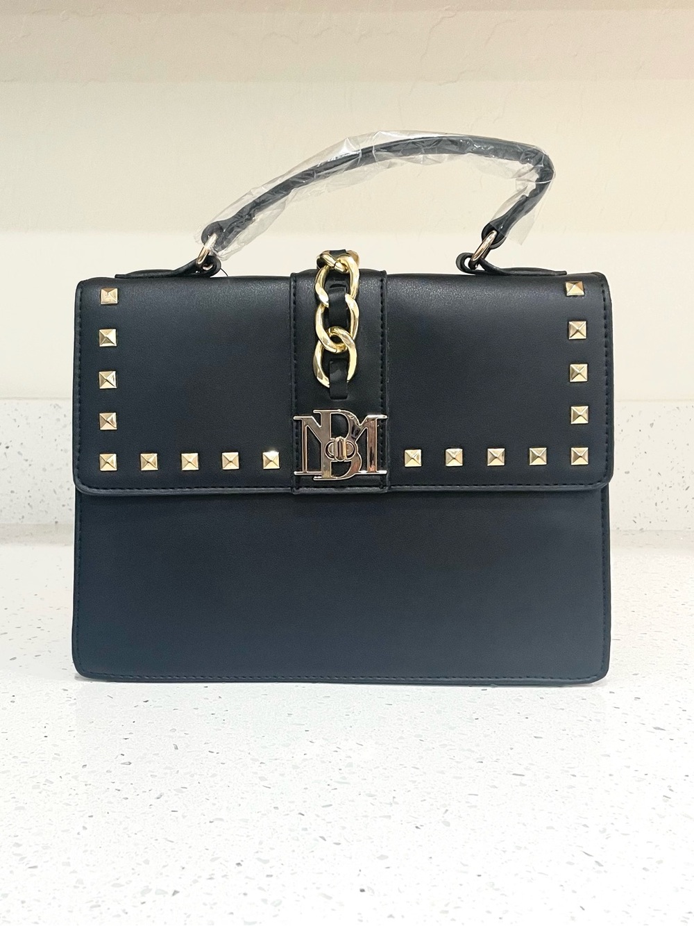 Badgley Mischka NWT Black Top-Handle Satchel with Gold Stud & Chain